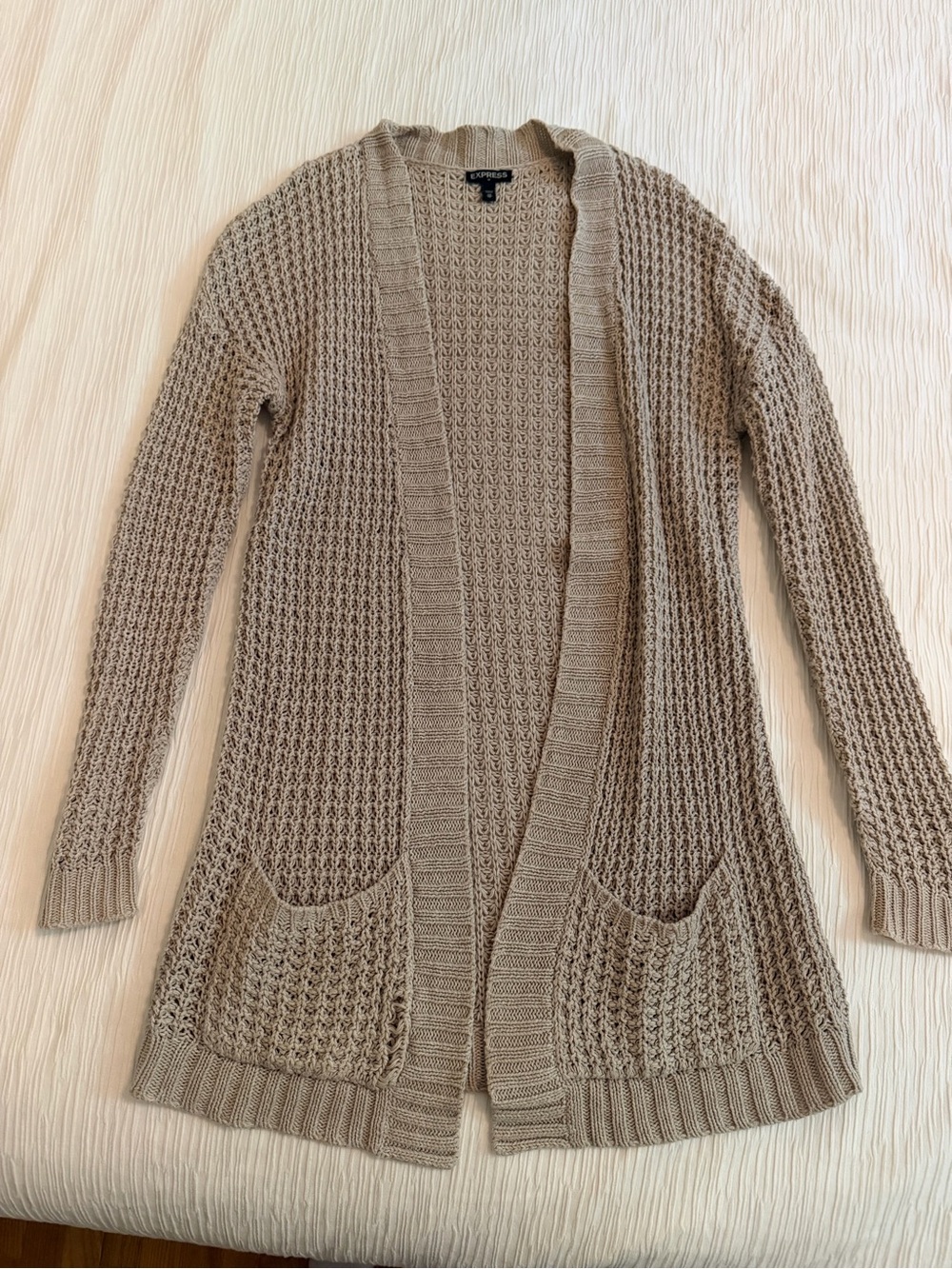 Express Open-Front Knit Cardigan Sweater in Taupe
